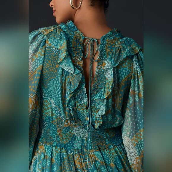 Anthropologie Odetta Ruffle V-Neck Midi Dress In Turquoise Size Extra Small NWT - Picture 5 of 8